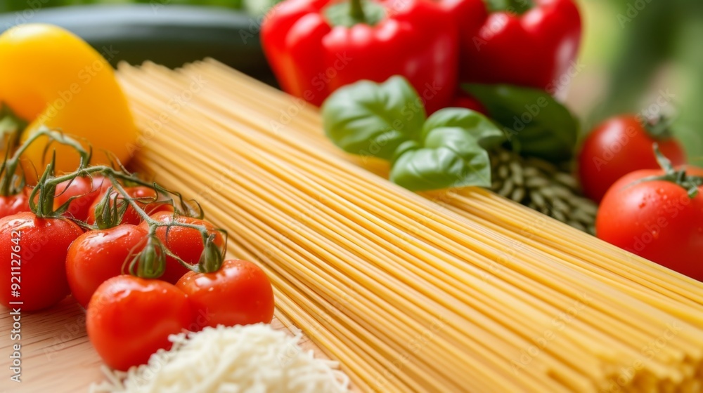 Spaghetti arranged with fresh vegetables Spaghetti arranged with fresh vegetables