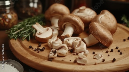 Arrange fresh champignon mushrooms with complementary ingredients on a wooden cutting board