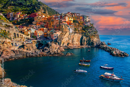 Manarola, one of the fisherman seaside town in cinque terre, La Spezia in Italy