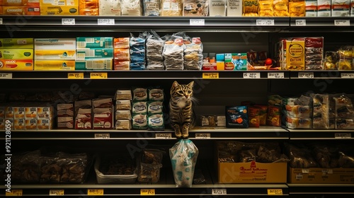 Wallpaper Mural Cat sitting on a grocery store shelf among various food items in a brightly lit aisle Torontodigital.ca