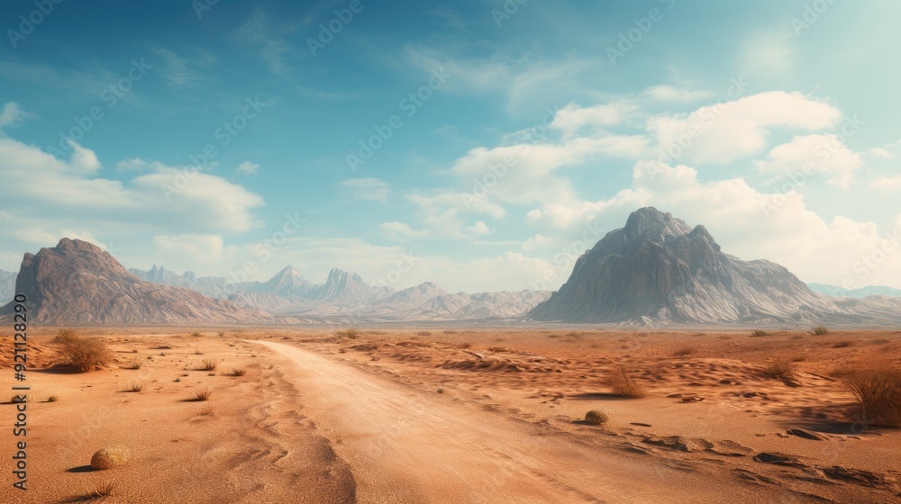 Naklejka premium A vast desert landscape with mountains and a winding dirt road under a clear blue sky.