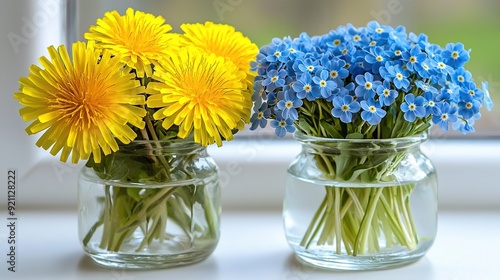   Two vases with yellow and blue flowers on a window sill, set against a window sill backdrop