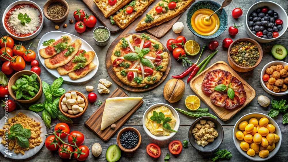 Top view table full of delicious food composition