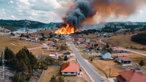 An intense wildfire spreads close to a small rural community, with thick smoke filling the sky, showcasing the imminent threat and danger to the surrounding homes and nature.