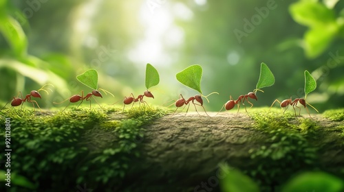 Leafcutter Ants Carrying Leaves in Lush Green Forest photo