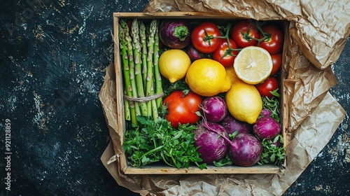   A wooden box filled with various fruits and veggies, including lemons, asparagus, tomatoes, and multiple asparaguses