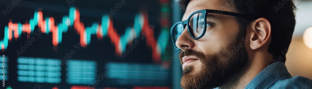 Focused man with glasses analyzing financial data on a computer screen displaying stock market charts and graphs. Focused man with glasses analyzing financial data on a computer screen displaying stock market charts and graphs.
