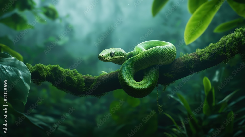 Fototapeta premium Green Snake Coiled on Branch in Lush Jungle