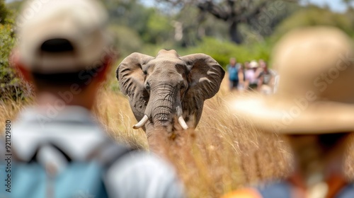 An elephant in its natural habitat is approaching a group of people, providing a close-up encounter with wildlife in a natural setting filled with greenery and excitement. photo