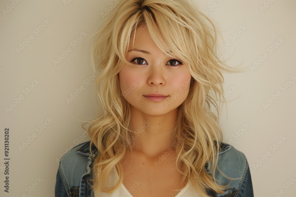 Beautiful Asian Woman with Blonde Curly Hair Posing in Denim Jacket Beautiful Asian Woman with Blonde Curly Hair Posing in Denim Jacket