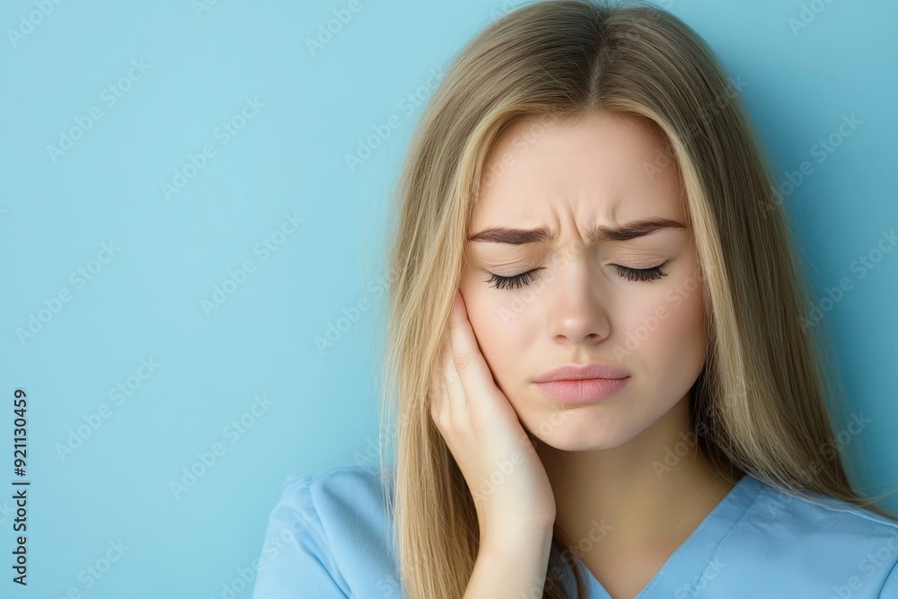 Young Woman Feeling Toothache Pain on Light Blue Background Young Woman Feeling Toothache Pain on Light Blue Background