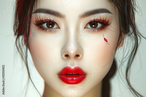 Close-up Portrait of Asian Woman with Red Makeup and Lipstick