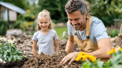 Wallpaper Mural A father and his daughter garden together under the sunlight, showcasing teamwork, care for nature, and a moment of parental bonding and learning in a green and sunny environment. Torontodigital.ca