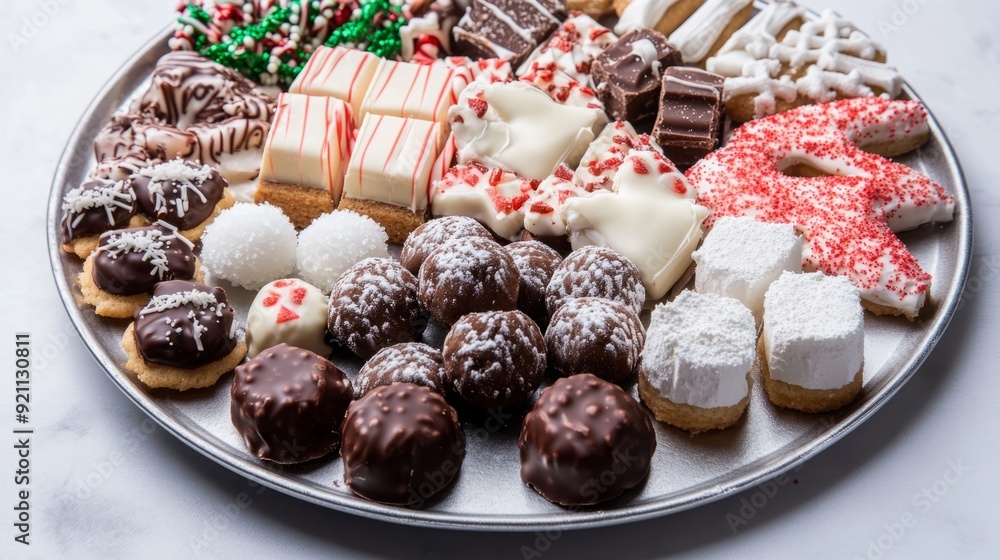 Festive Miniature Delights: A Christmas Platter of Assorted Mini Desserts in a Minimalist Festive Pattern with Ample Copy Space Festive Miniature Delights: A Christmas Platter of Assorted Mini Desserts in a Minimalist Festive Pattern with Ample Copy Space