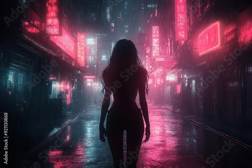 urban night scene neonlit alley rainslicked streets model in edgy black outfit cyberpunk atmosphere photo