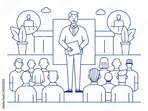 continuous single line drawing of keynote speaker and audience at business conference, line art vector illustration

