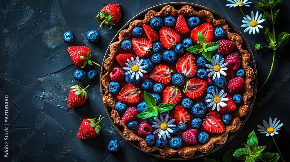 Fototapeta premium A table topped with a pie featuring strawberries, blueberries, raspberries, and daisies