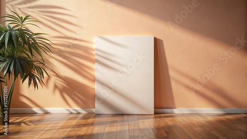 Blank canvas on peach wall with soft leaf shadow, perfect for showcasing your artwork or design , mockup