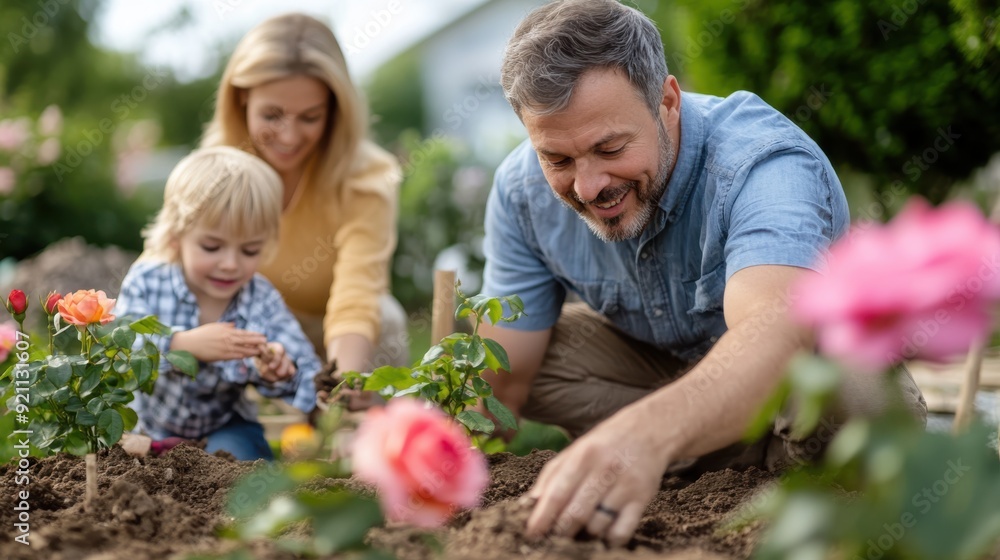 A young family with a small child enjoying gardening together on a sunny day, planting flowers and bonding over outdoor activities and love for nature. A young family with a small child enjoying gardening together on a sunny day, planting flowers and bonding over outdoor activities and love for nature.