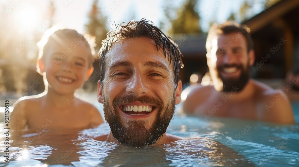 A father and son enjoy a refreshing moment in an outdoor pool, their smiles reflecting the joy and relaxation of a shared swimming experience under the sunlight, modern relaxation system A father and son enjoy a refreshing moment in an outdoor pool, their smiles reflecting the joy and relaxation of a shared swimming experience under the sunlight, modern relaxation system
