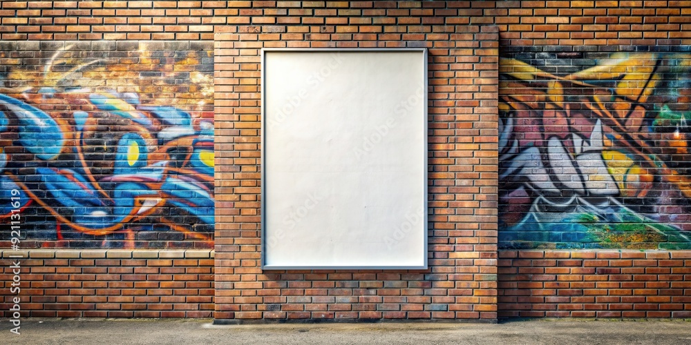 Fototapeta premium Blank poster mockup on graffitied wall , urban, street art, vandalism, blank, mockup, vertical, poster, graffiti, wall