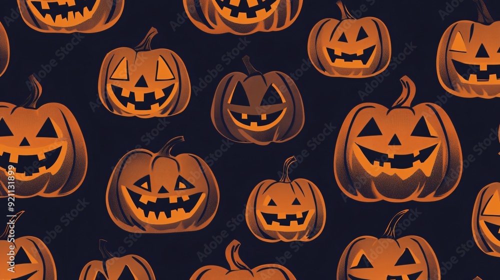 Flat Halloween background featuring stylized, monochrome jack-o-lanterns arranged in a tidy, repeating pattern Flat Halloween background featuring stylized, monochrome jack-o-lanterns arranged in a tidy, repeating pattern