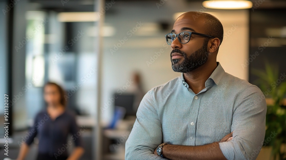 The Weight of Decisions: A contemplative Black businessman stands with arms crossed, navigating the complexities of leadership in a bustling office environment. The Weight of Decisions: A contemplative Black businessman stands with arms crossed, navigating the complexities of leadership in a bustling office environment.