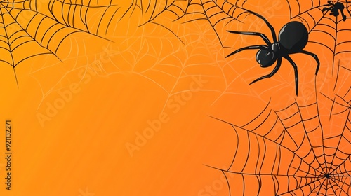 Flat Halloween background with minimalist, symmetrical spider and web illustrations on an orange gradient background photo