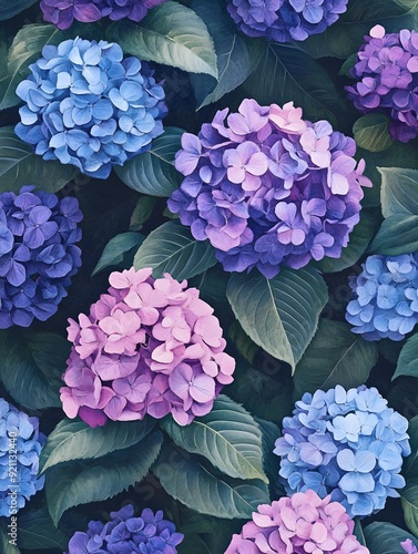 Enchanting Hydrangea Garden Oasis with Vibrant Blooming Flowers and Lush Foliage