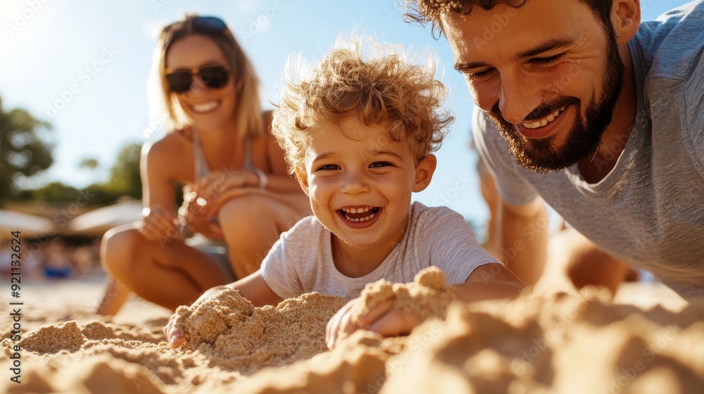 A cheerful family with parents and a curly-haired child playfully digging in the soft sand at a sunny beach, sharing laughter and joy on their fun day out. A cheerful family with parents and a curly-haired child playfully digging in the soft sand at a sunny beach, sharing laughter and joy on their fun day out.