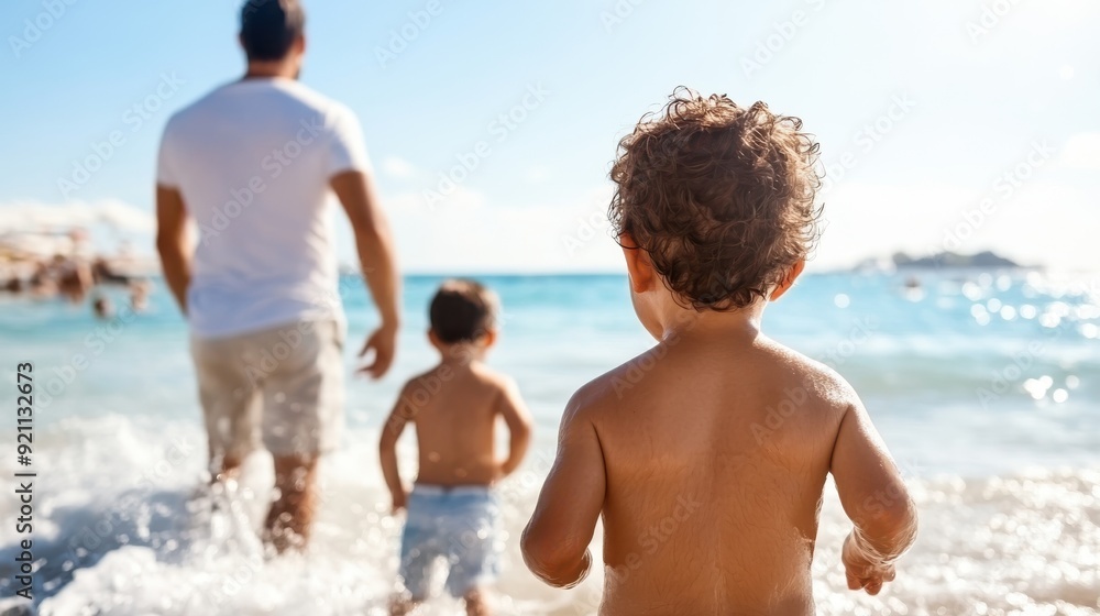 A heartwarming scene of a father taking his children towards the ocean on a sunny day at a sandy beach, highlighting family bonds and the joys of outdoor activities. A heartwarming scene of a father taking his children towards the ocean on a sunny day at a sandy beach, highlighting family bonds and the joys of outdoor activities.