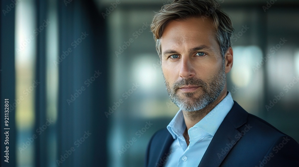 Fototapeta premium Confident Businessman Portrait: A mature businessman with a determined gaze and a distinguished appearance, exudes confidence and leadership. This professional headshot captures a successful individua
