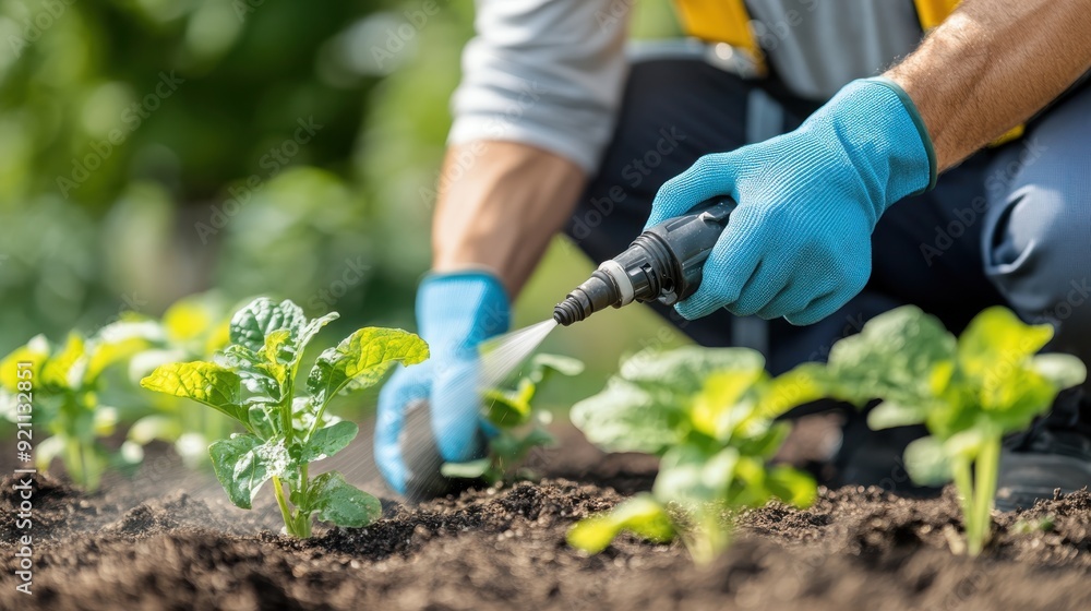 Fototapeta premium A close-up image of a gardener wearing blue gloves spraying water on young green plants, highlighting the essential role of hydration and care in gardening.