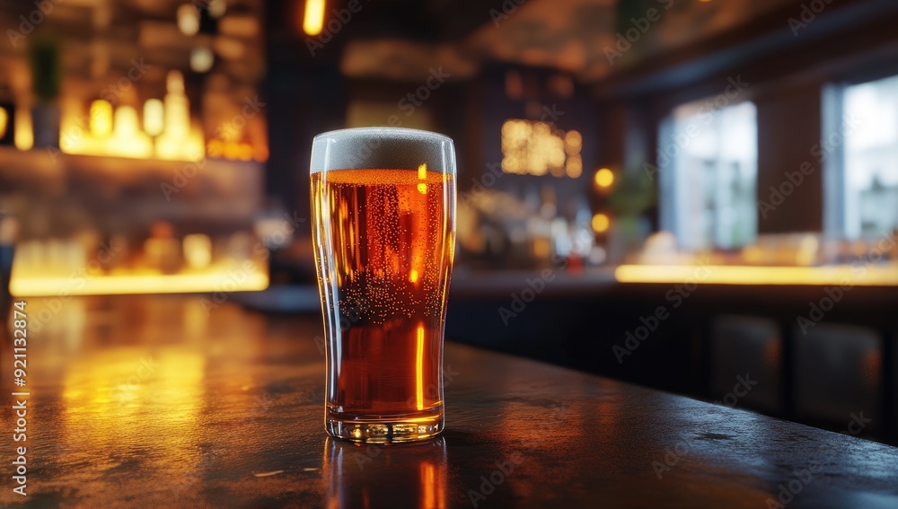 Glass of Beer on Bar Counter with Warm Lighting and Blurry Background Glass of Beer on Bar Counter with Warm Lighting and Blurry Background