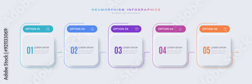 Infographic design template with 5 options or steps and line icons. Useful for process diagram, presentations, banner, flow chart, workflow layout, info graph.