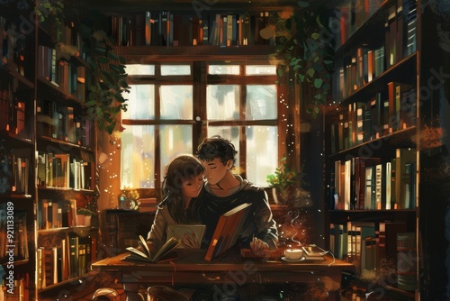 A man and woman reading in a library, surrounded by bookshelves, creating a serene atmosphere of study, A couple sharing a quiet moment together, reading books in a cozy library, AI generated