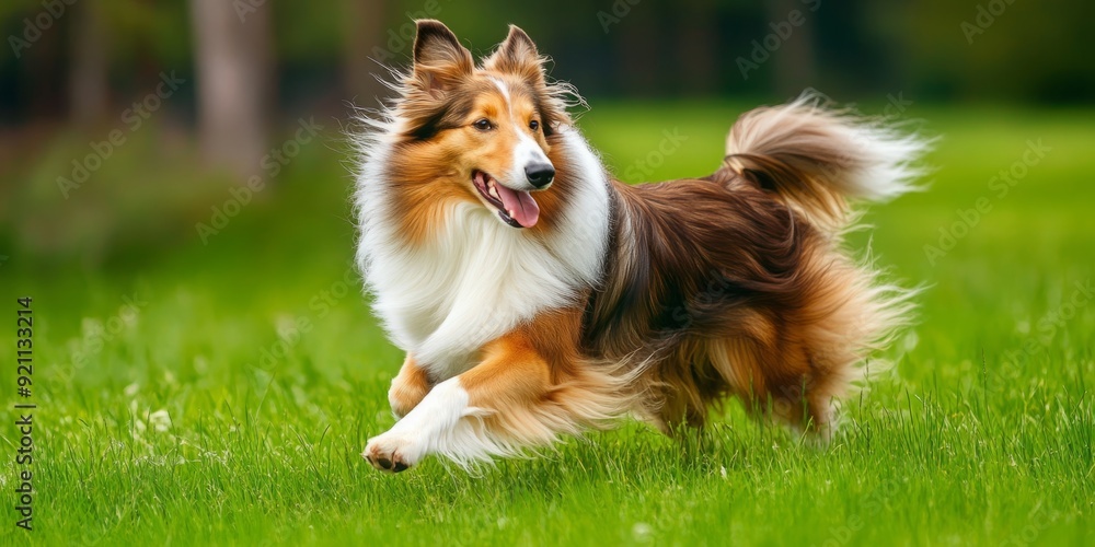 Joyful Collie Dog Playfully Running on Lush Green Grass, Exuding Happiness and Energy in a Serene Natural Setting Joyful Collie Dog Playfully Running on Lush Green Grass, Exuding Happiness and Energy in a Serene Natural Setting