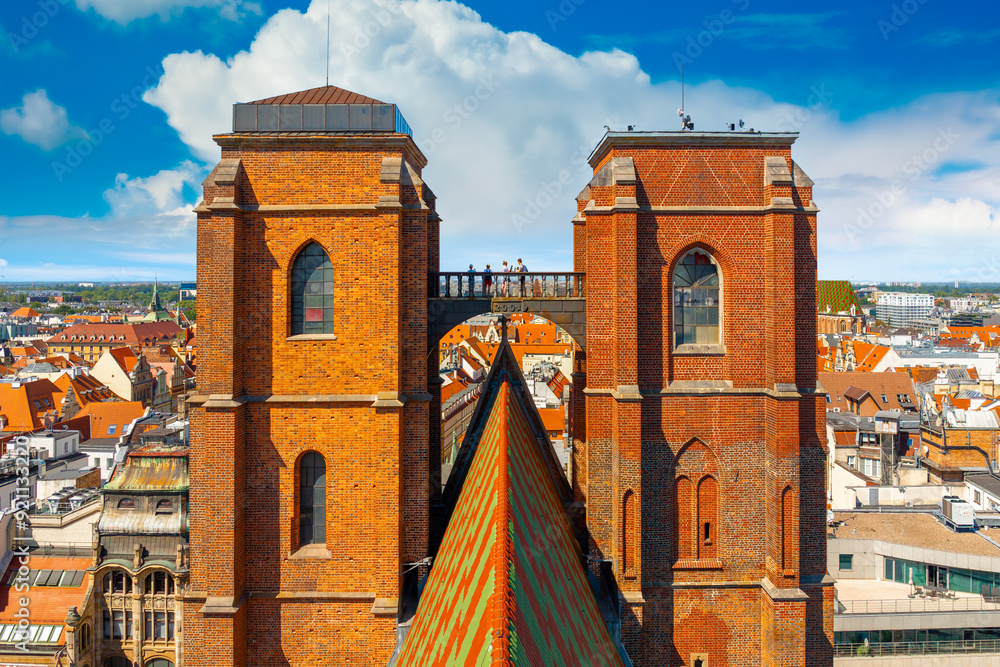 Aerial view of the Church of St Mary Magdalene with the Bridge of Penitents (aka Mostek Pokutnic) between the church towers. Wroclaw, Poland