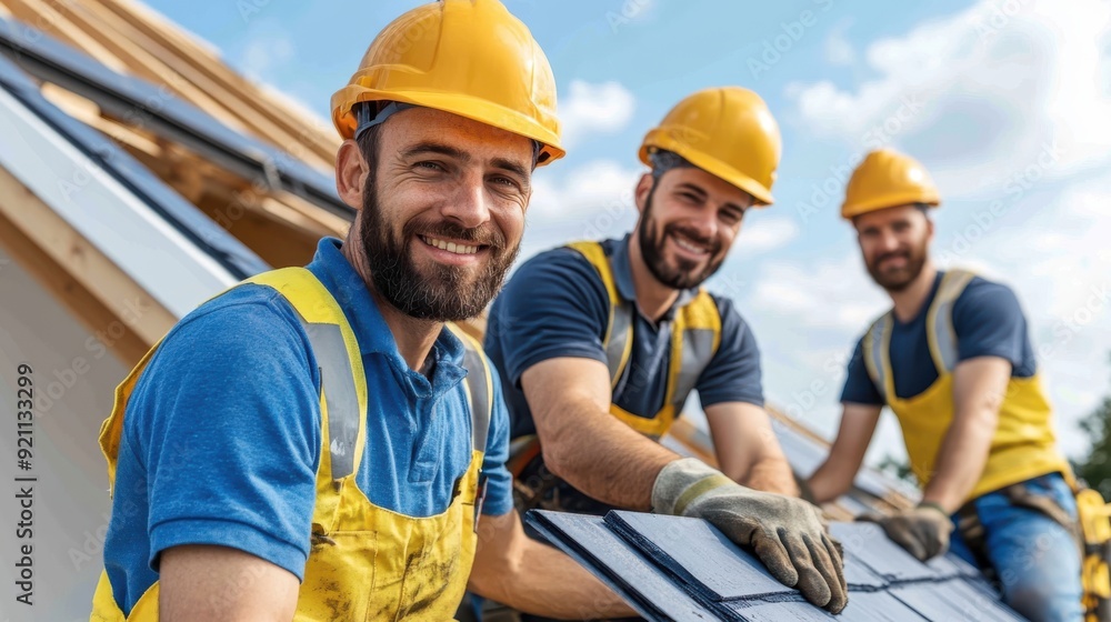 Focused construction workers energetically install solar panels on a roof, embodying teamwork and sustainable energy efforts while ensuring structural efficiency and environmental care. Focused construction workers energetically install solar panels on a roof, embodying teamwork and sustainable energy efforts while ensuring structural efficiency and environmental care.