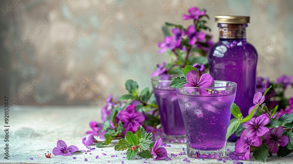 A few purple bottles placed on top of a table, near a glass of liquid and purple blooms A few purple bottles placed on top of a table, near a glass of liquid and purple blooms