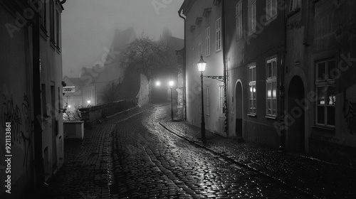  Cobblestone Street Night with Shining Lights