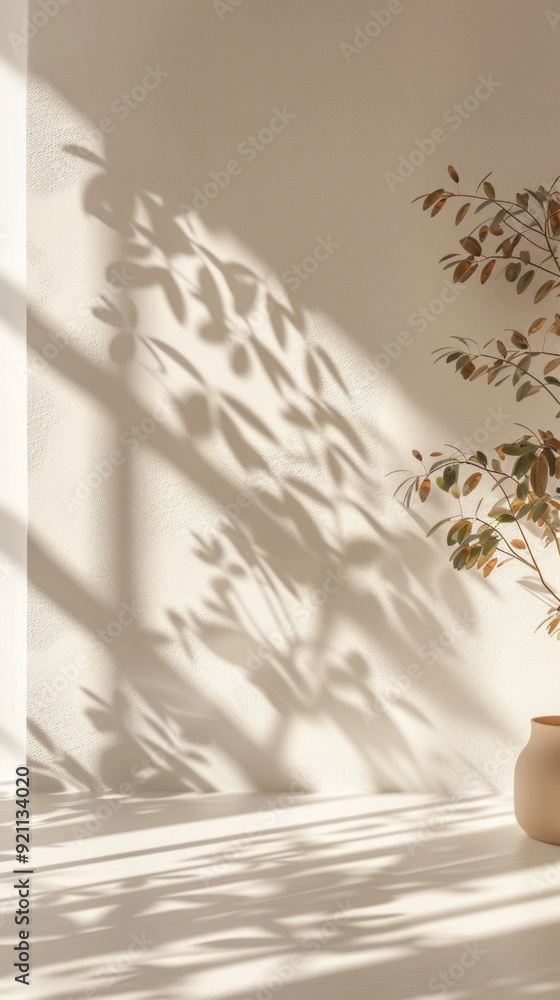 A vase with a plant in it sits in front of a wall with a window A vase with a plant in it sits in front of a wall with a window