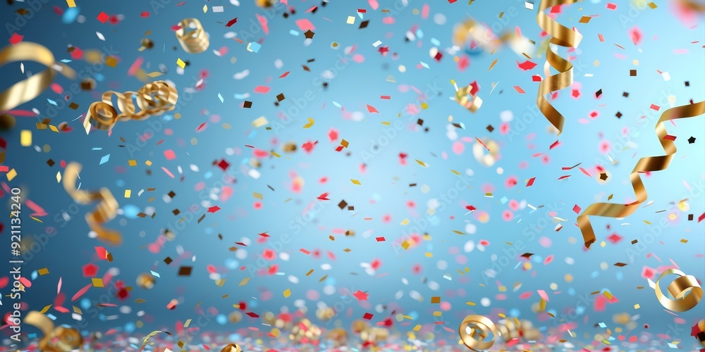 Vibrant streamers and confetti fall gently against a bright blue backdrop, creating a festive atmosphere full of joyful celebration. Vibrant streamers and confetti fall gently against a bright blue backdrop, creating a festive atmosphere full of joyful celebration.