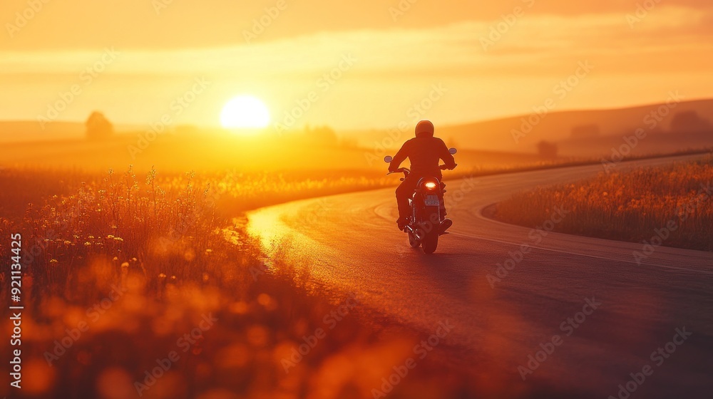 High-graphic 3D animation showcasing a biker on a winding country road at dawn. The silhouette of the motorbike and rider is illuminated by the soft light of the rising sun, creating a peaceful and