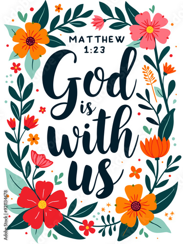Matthew 1:23 Bible Verse Christian Quote Typography Art Floral Flower Theme for Christian Women
