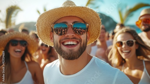 A smiling man in a straw hat and sunglasses enjoys a sunny day at a vibrant beach event, surrounded by friends and palm trees, capturing a moment of pure joy.