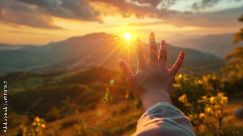 Hand Reaching Towards The Setting Sun In A Mountainous Landscape Hand Reaching Towards The Setting Sun In A Mountainous Landscape