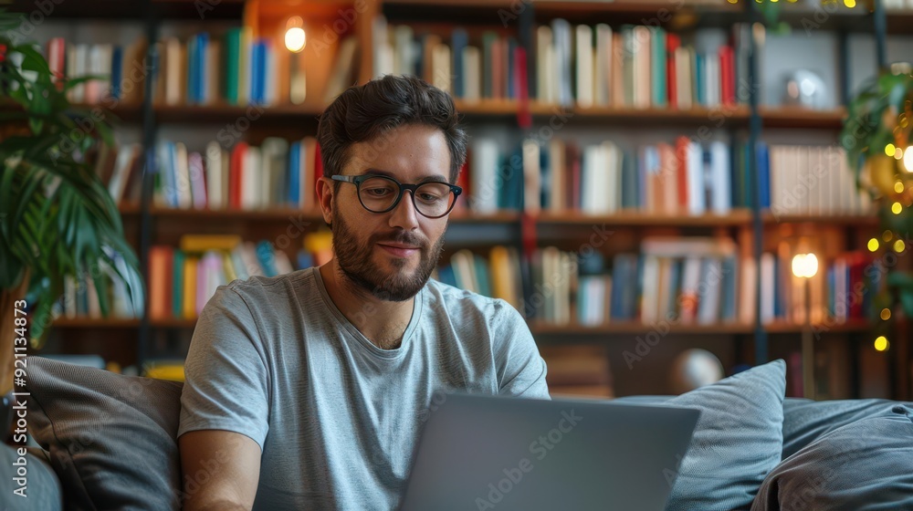 Online tutor teaching a class from a comfortable sofa, lazy career, educational ease Online tutor teaching a class from a comfortable sofa, lazy career, educational ease
