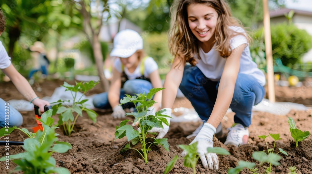 Fototapeta premium Teens cooperate in a community garden, each engaging in planting activities, showcasing their teamwork, dedication, and connection to sustainable practices and nature.