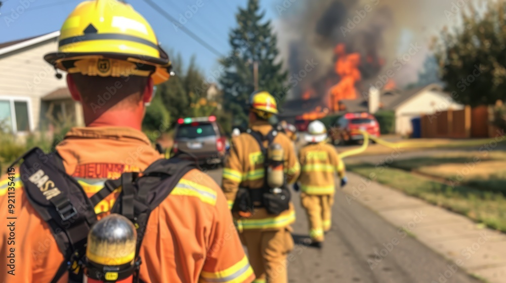 Fototapeta premium Firefighters in full gear walking towards an intense house fire, with flames and smoke billowing in the background, illustrating bravery and urgency in emergency response.